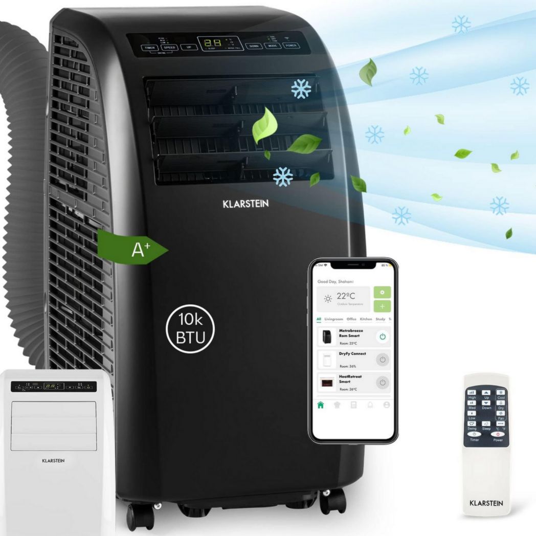 Aire acondicionado portátil silencioso 4 en 1 de Klarstein con modo nocturno, deshumidificador y ventilador. Este miniaire acondicionado ofrece eficiencia energética, ventilación y una potencia de 10 000 BTU.