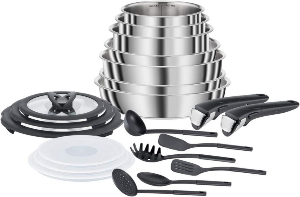 Batería de cocina compacta Seb de acero inoxidable de 10 piezas, compatible con inducción, incluye sartenes de 22/24/26 cm, cacerolas de 16/18/20 cm, sartén de 24 cm, tapas de 18/20 cm, 1 asa L953SA04, negro, plateado, 35,4 x 35,29 x 26,8 cm