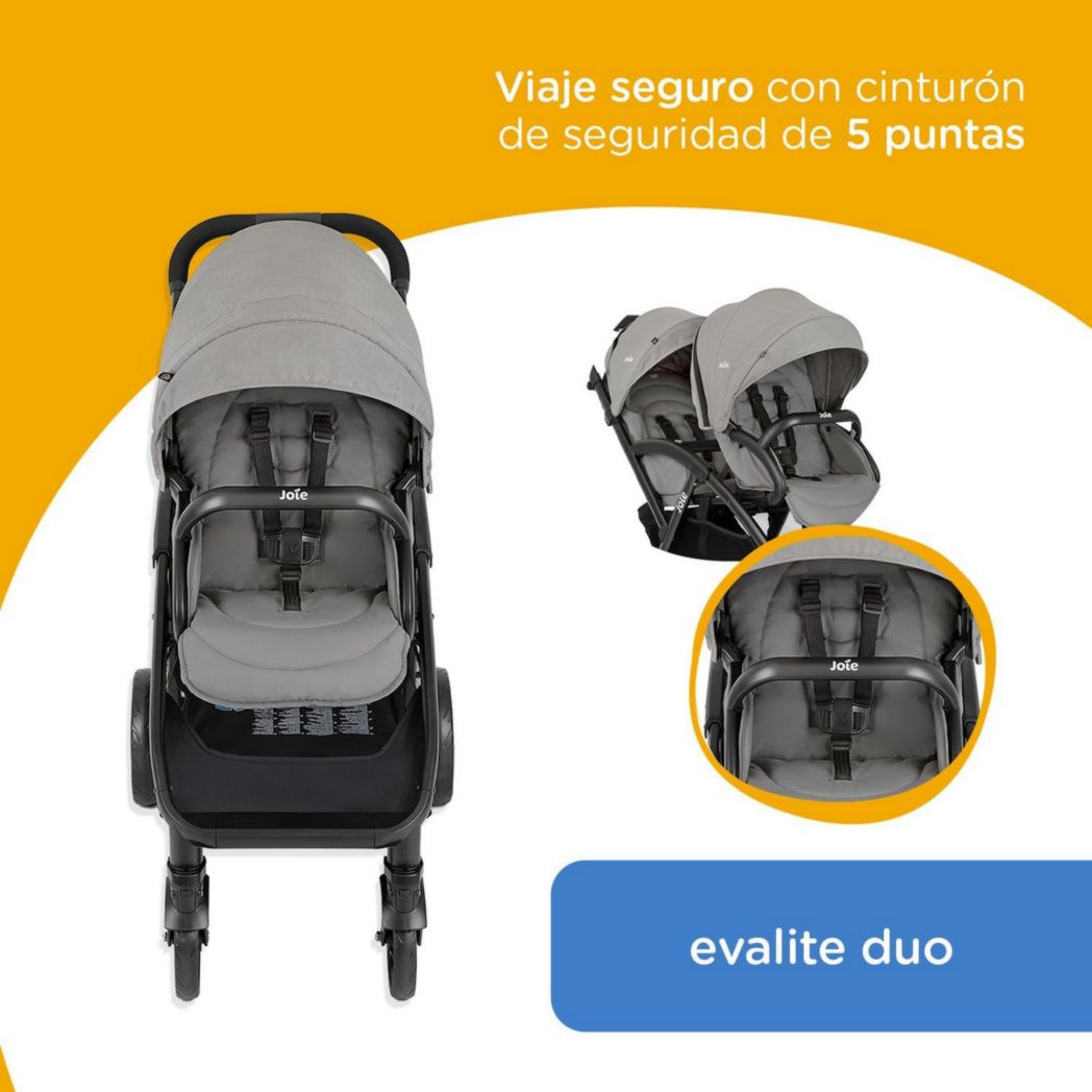 Joie - Evalite™ Duo - Cochecito doble - Asiento trasero reclinable - Plegado fácil y compacto - Compatible con asiento de coche - Suspensión en las 4 ruedas - Arnés SoftTouch de 5 puntos - Apto desde el nacimiento