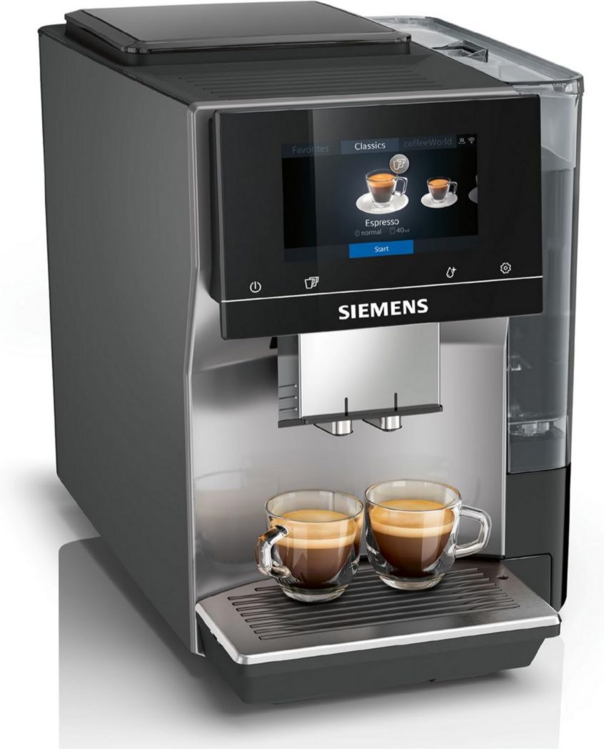 SIEMENS, cafetera de café en grano totalmente automática, EQ700, pantalla iSelect, coffeeWorld, con Cold Brew y Slow Brew, capuchino, Home Connect, gris antracita, TP715R01 classic