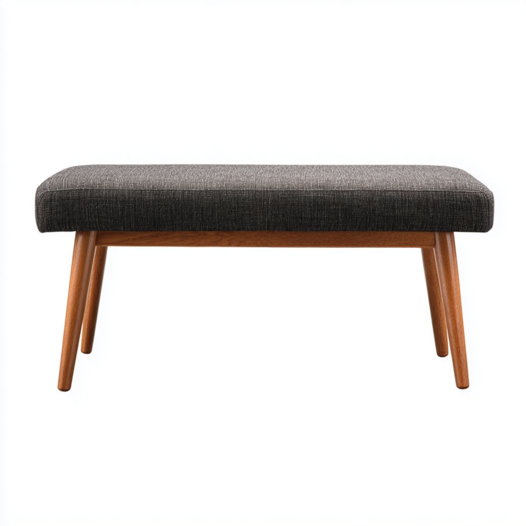 Banco con asiento de tela gris y patas de madera marrón