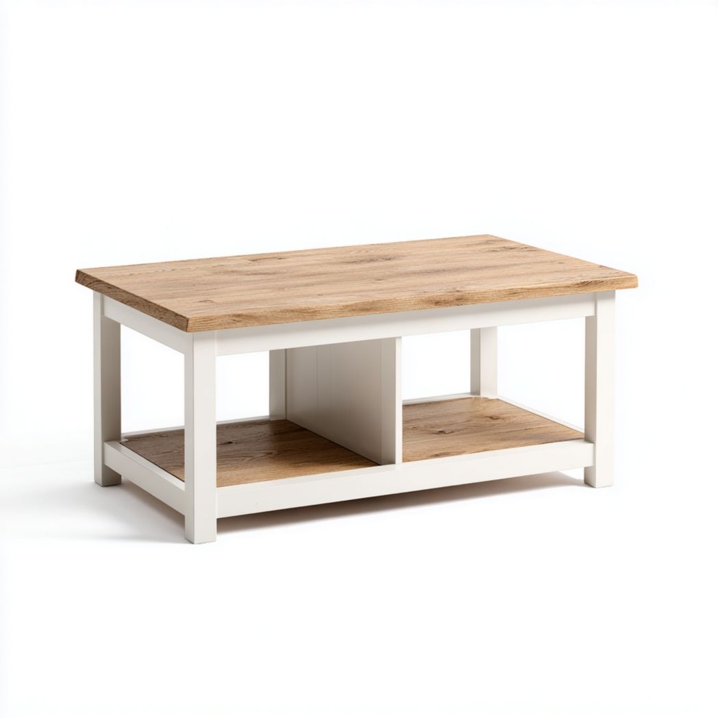 Mesa de centro con tapa marrón y marco blanco.