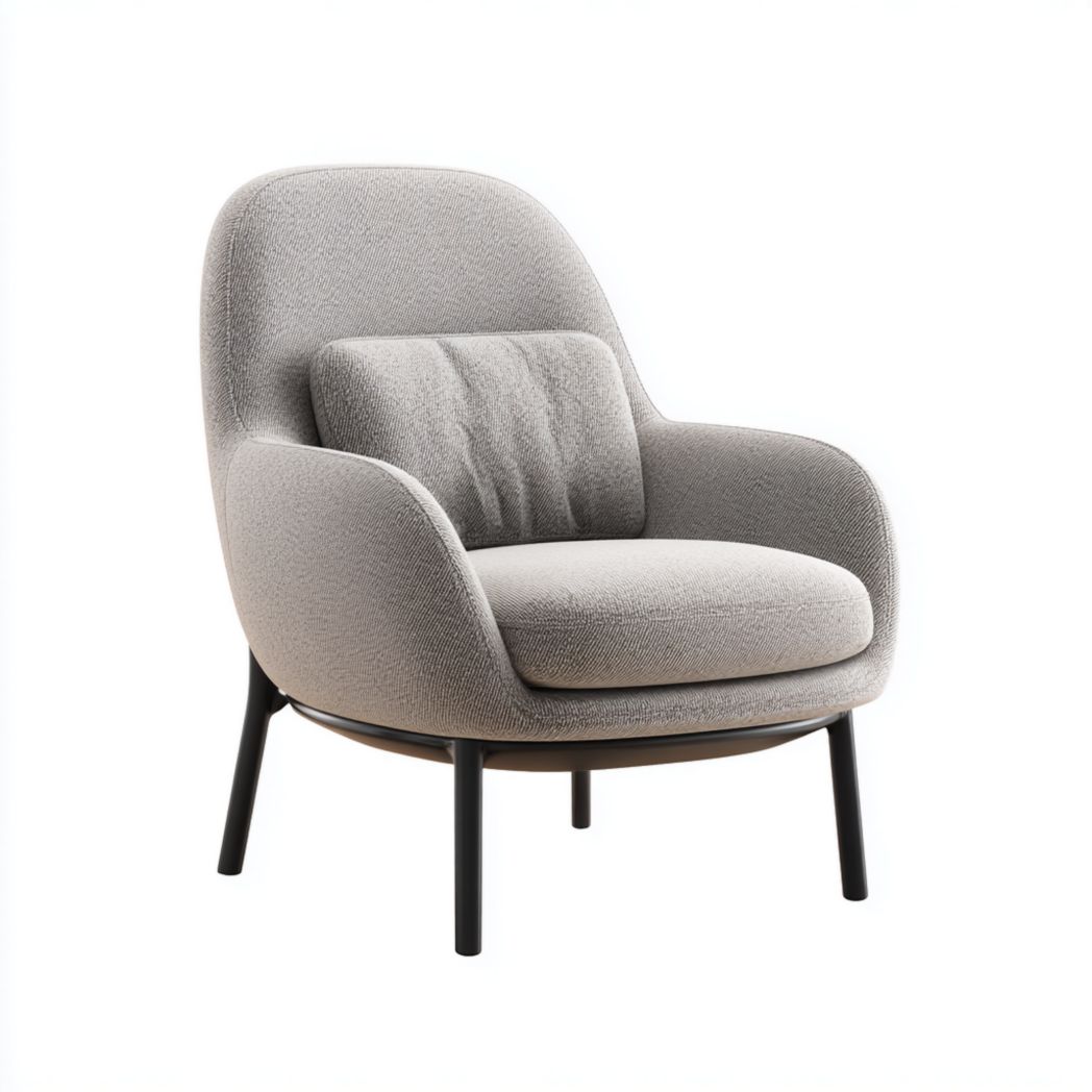 Sillón en tejido gris claro con patas de metal negro.