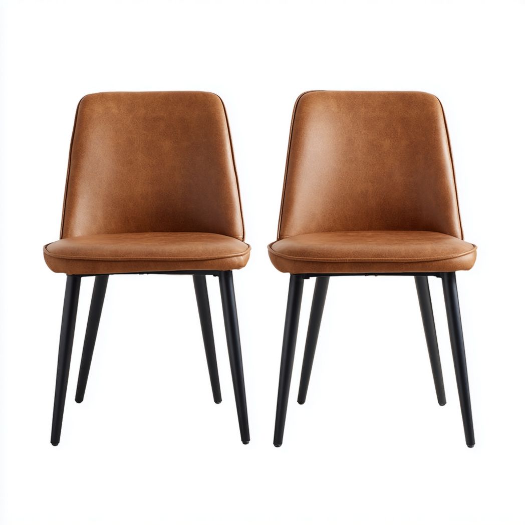 Juego de 2 sillas de comedor con asientos de cuero PU marrón y patas de metal negro.