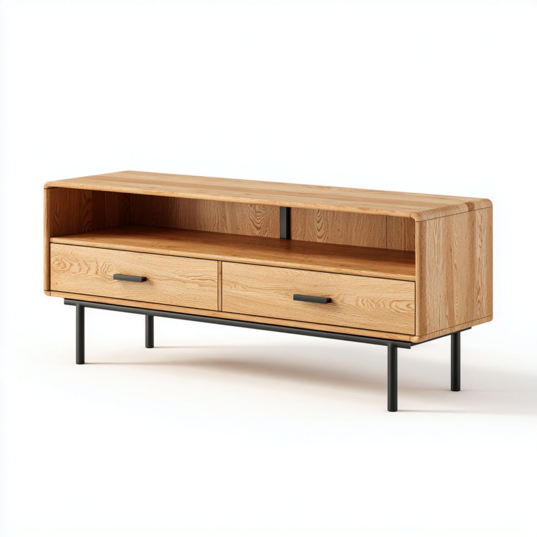 Mueble de TV con cuerpo marrón y soporte negro