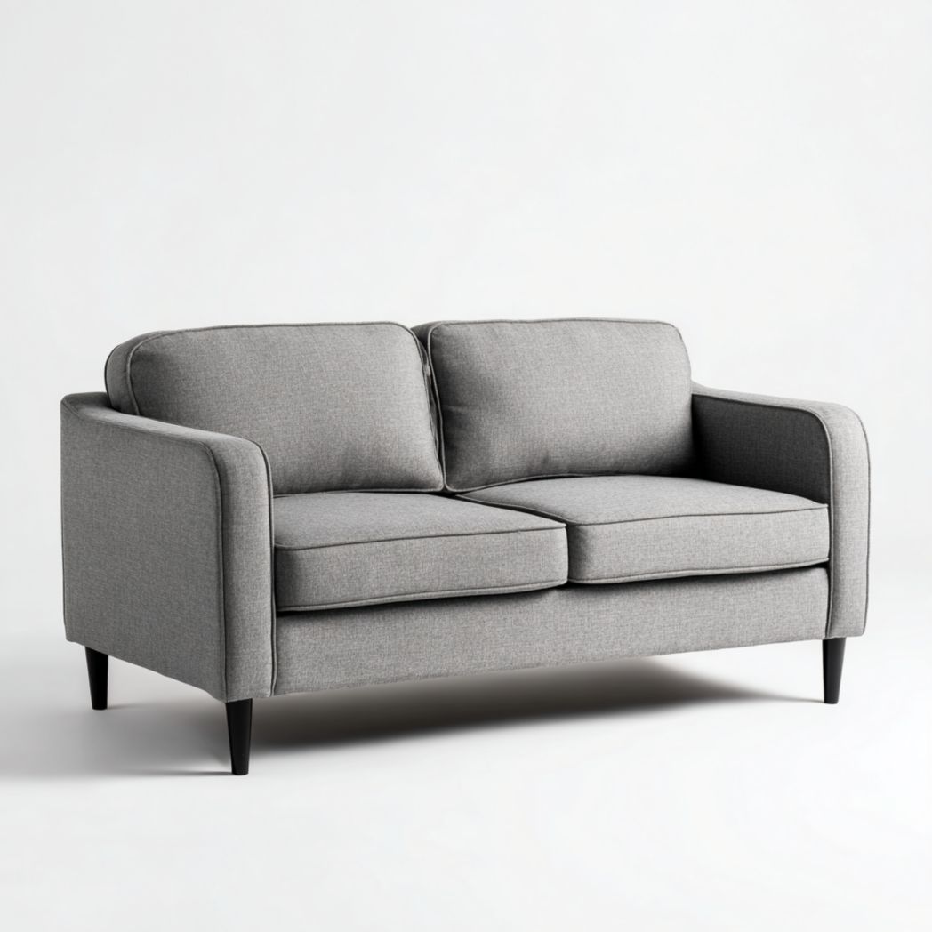 Sofá de dos plazas en tela gris con patas de metal negro.