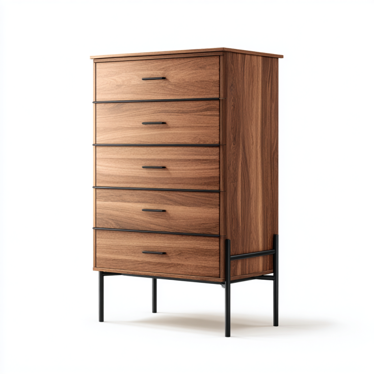 StmasteStyle Cajonera Alta de 5 Cajones – Efecto Nogal con Base Metálica Negra – Estilo Industrial Moderno
