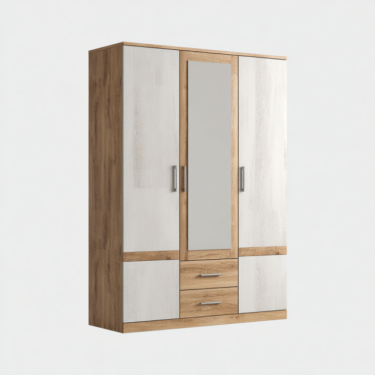 Armario de 4 Puertas con Espejo y Cajones - Acabado Roble y Blanco - StmasteStyle